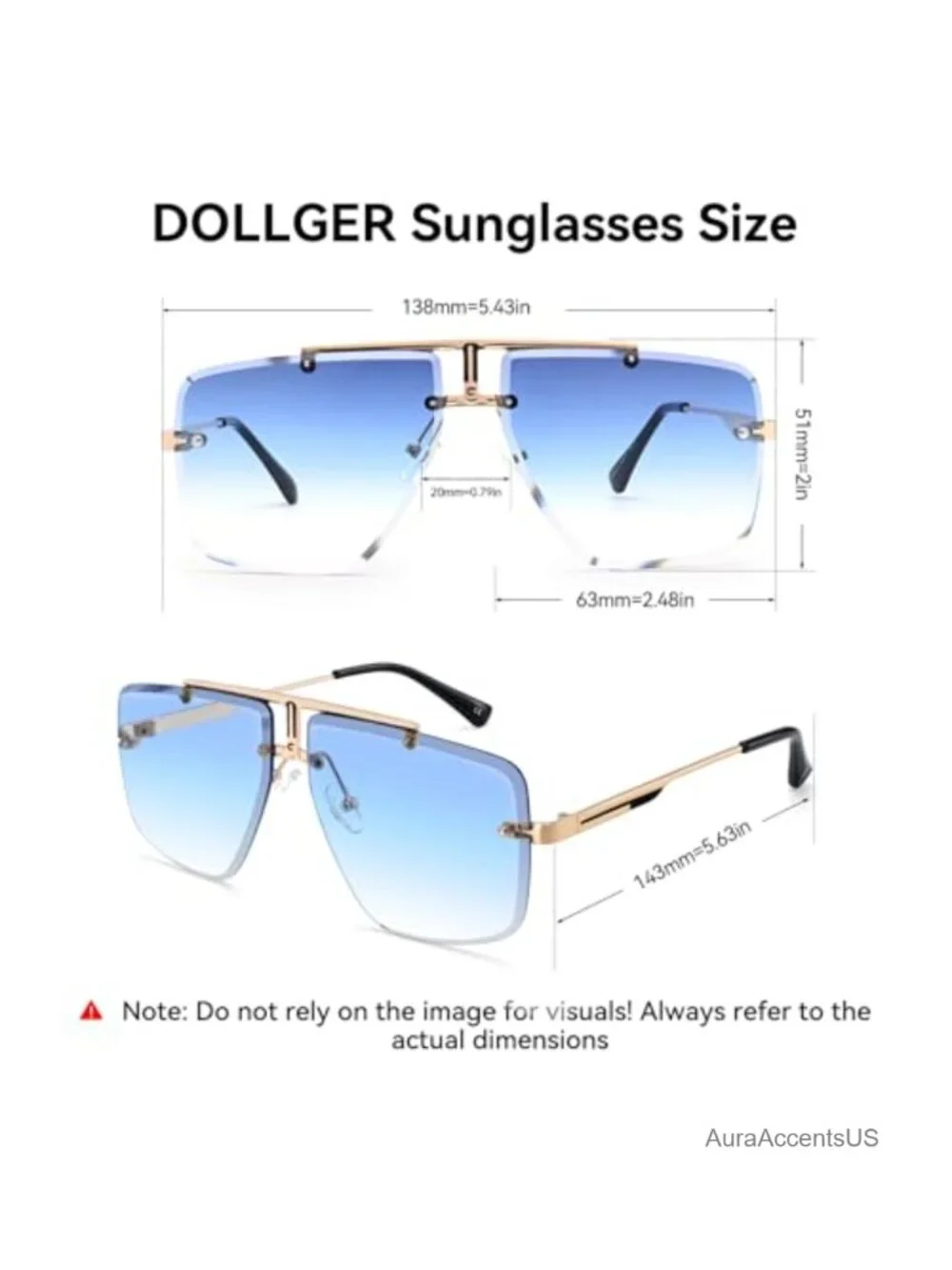 Rimless Oversized Square Sunglasses Gold Metal Frame UV400 Unisex